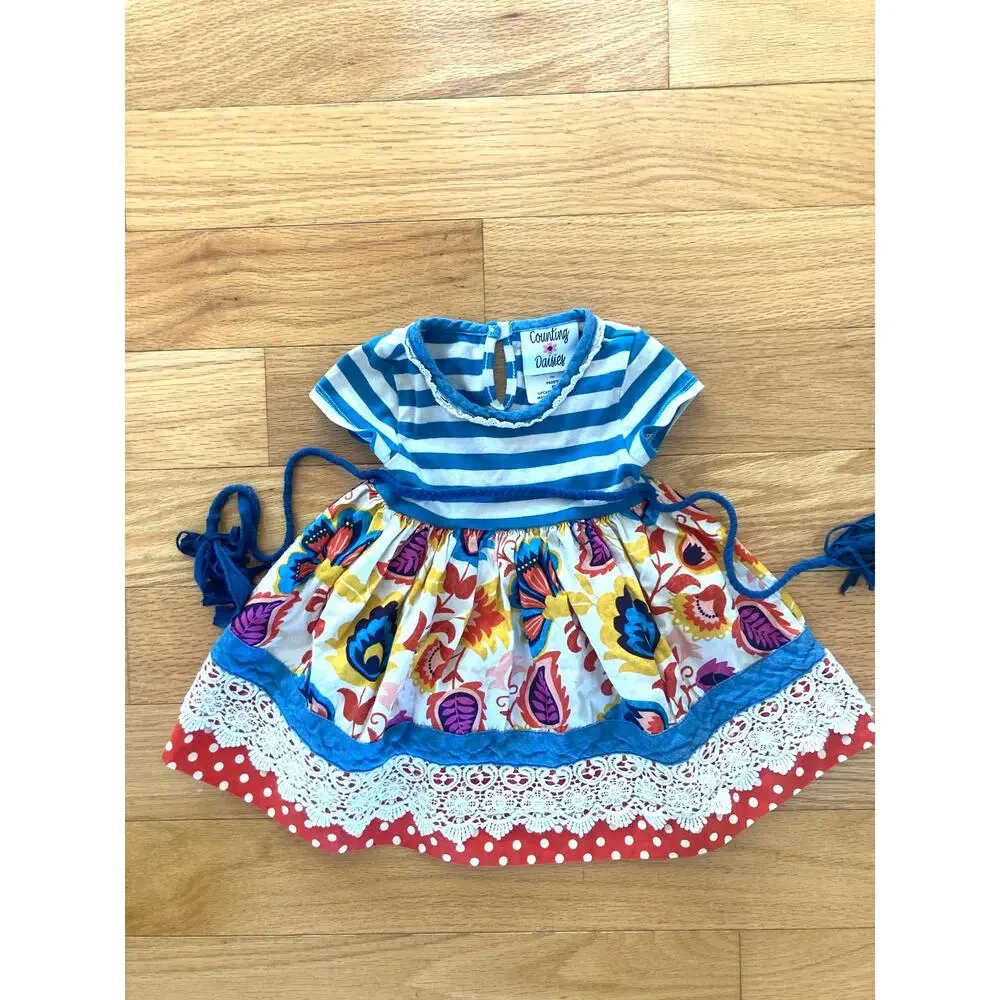 Counting Daisies Baby Girl Floral Stripe Crochet Cotton Dress 6 Months - Picture 2 of 8